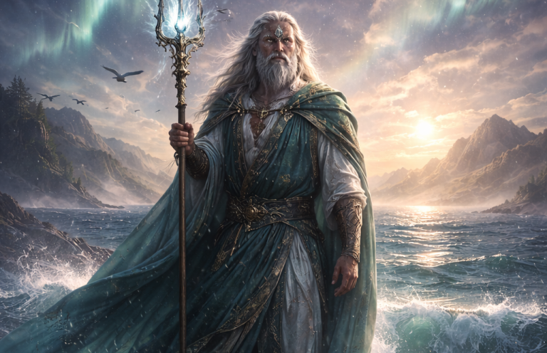 Mythischer Herrscher mit Stab, umgeben von Bergen und stürmischem Meer unter einem farbenfrohen Himmel.