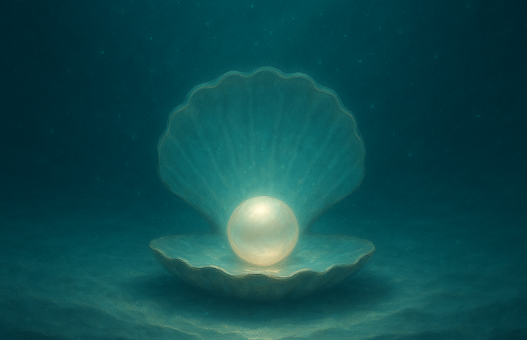 Eine glühende Wassertropfen-Silhouette über sanften Wellen in dunklem Hintergrund.