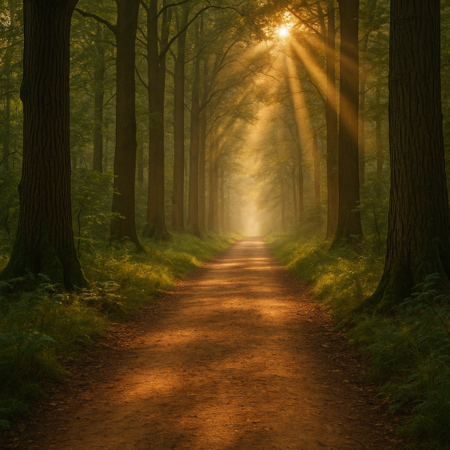 Ein sonnendurchfluteter Waldpfad symbolisiert Aufbruch, Bewusstseinsweg und spirituelles Erwachen