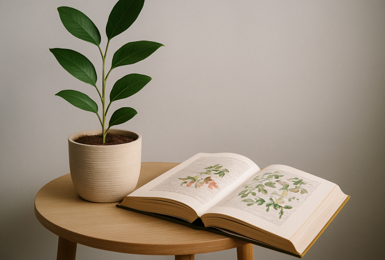 Offenes Pflanzenbuch mit gezeichneten Blüten neben einem grünen Zweig im Topf – Symbol für das Pflanzenalphabet von Hokamo’ok, Resonanz von 