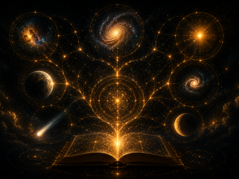 Aufgeschlagenes Buch vor einem Galaxienbild mit leuchtender Spirale – Symbol für das Kosmos-Alphabet von Hokamo’ok, Resonanz von Sternen und