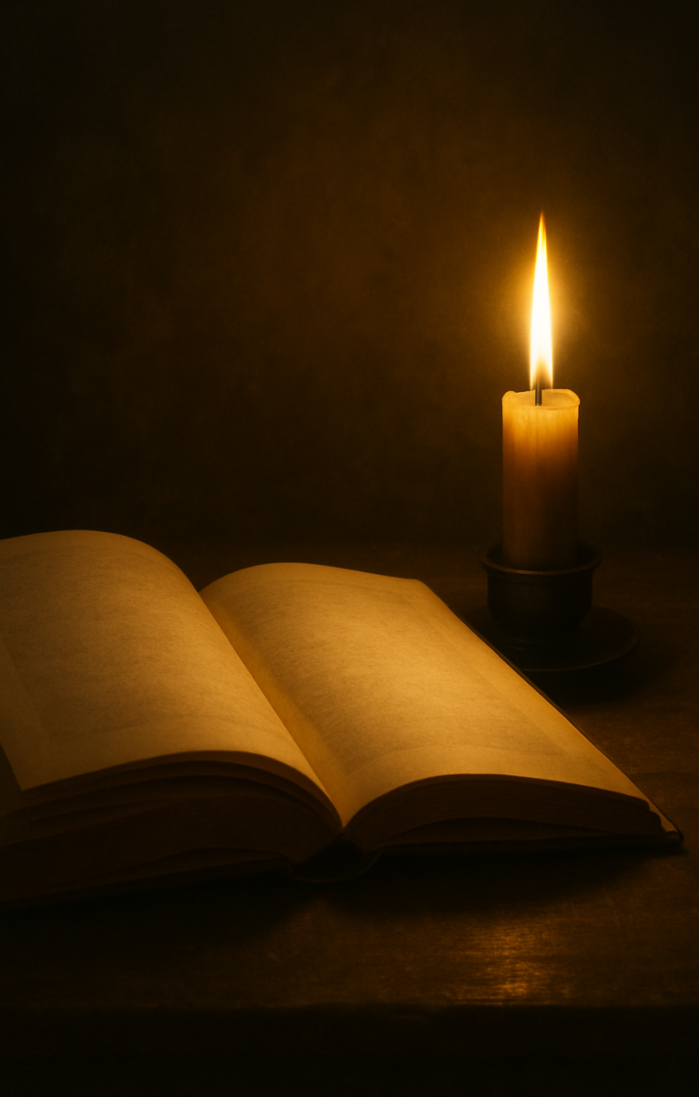 Ein geöffnetes Notizbuch, eine brennende Kerze im warmen Licht - Symbol für Stille, Inspiration und Resonanz