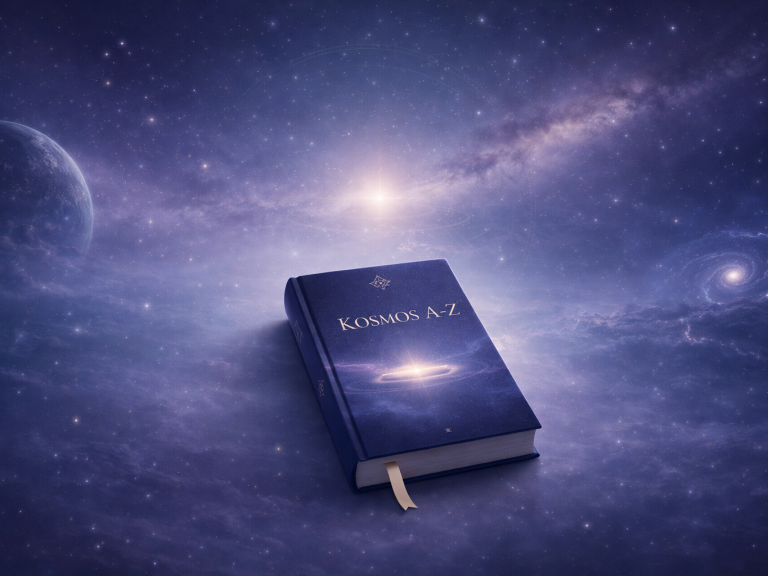 Aufgeschlagenes Buch vor einem Galaxienbild mit leuchtender Spirale – Symbol für das Kosmos-Alphabet von Hokamo’ok, Resonanz von Sternen und