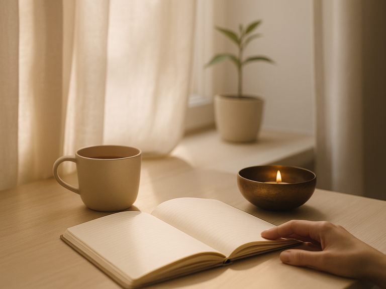 Hand mit geöffnetem Buch, Kerze und Teetasse im warmen Licht – Symbol für gelebte Resonanzpraxis, Achtsamkeit und Frequenz im Alltag.
