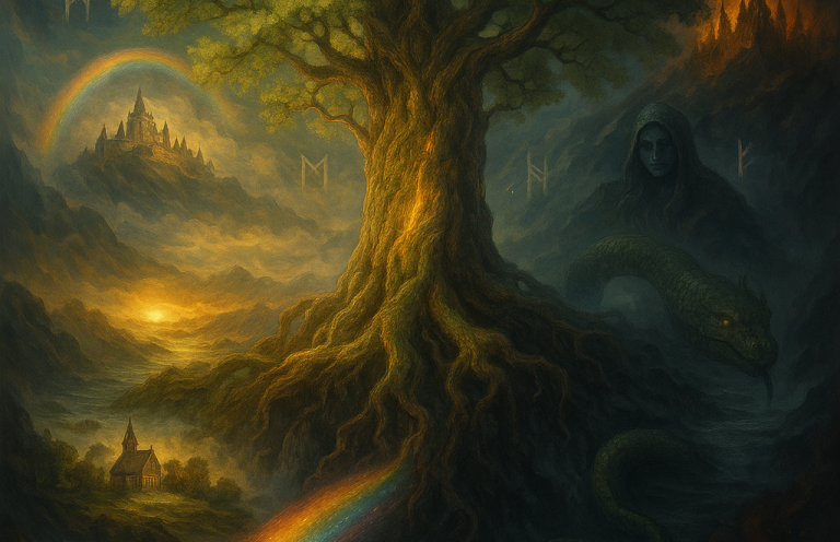 Mythischer Herrscher mit Stab, umgeben von Bergen und stürmischem Meer unter einem farbenfrohen Himmel.