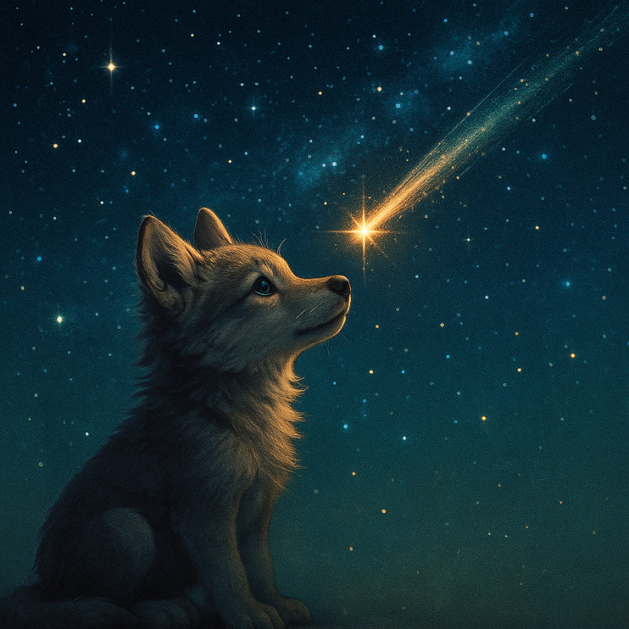 Kleiner Wolf blickt zu einer Sternschnuppe am Nachthimmel - Symbol für Kindsein, Herz und innere Stimme