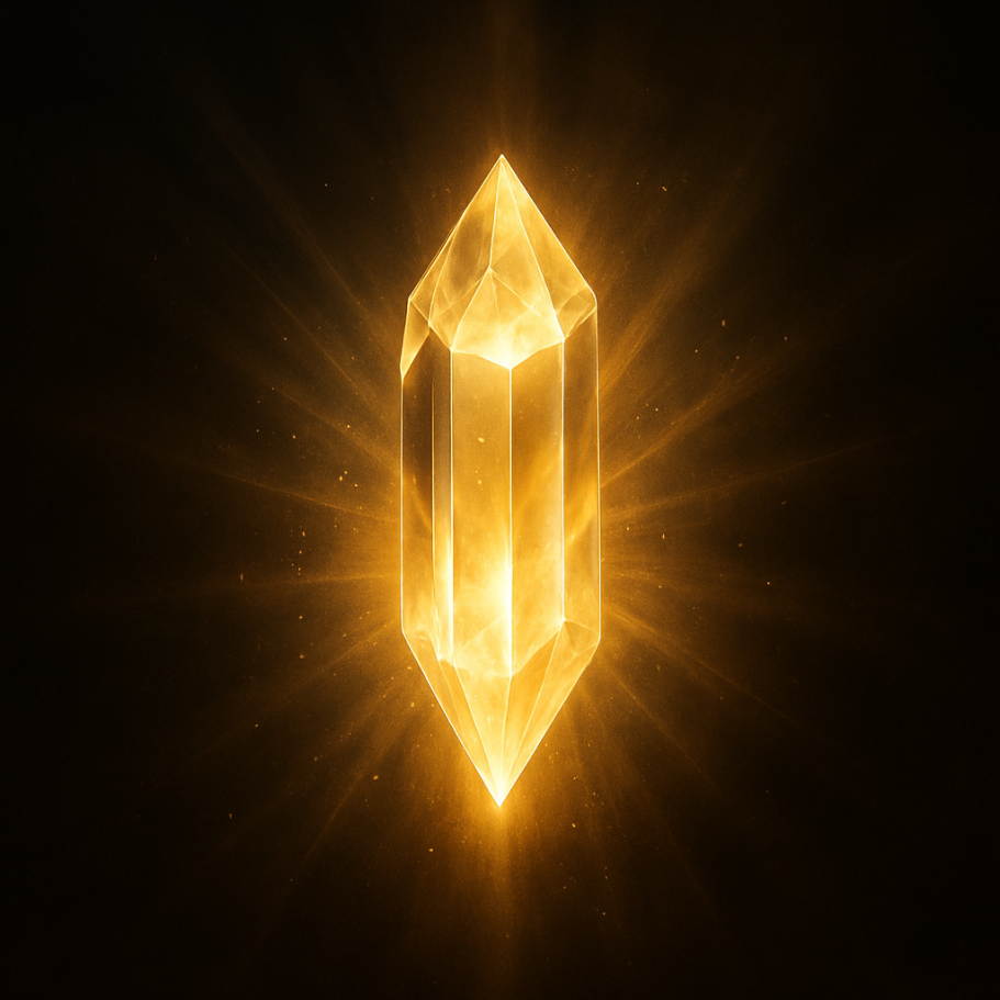 Ein goldener Kristall strahlt Licht - Sinnbild für Heilung, Rückkehr und die Kraft reiner Frequenz.