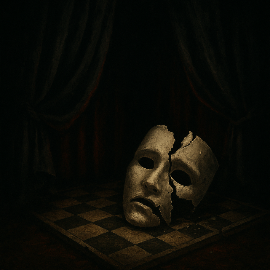 Eine zerbrochene Maske auf einem Schachbrett symbolisiert Schattenarbeit, Wahrheit und Resonanz