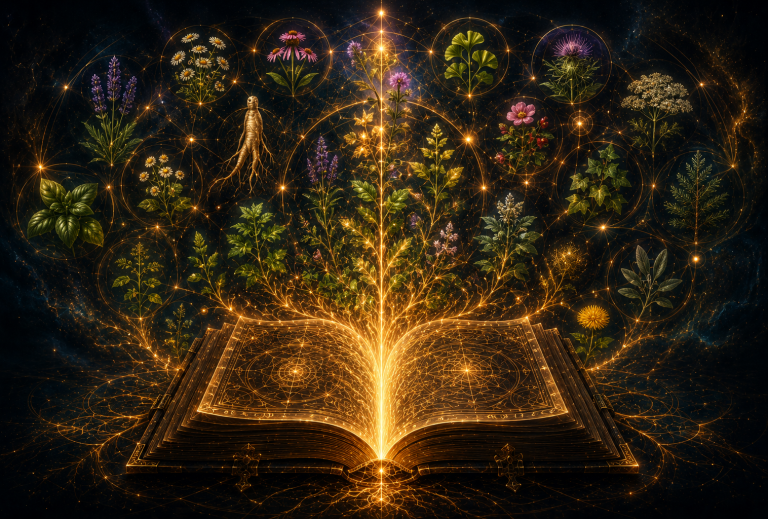 Offenes Pflanzenbuch mit gezeichneten Blüten neben einem grünen Zweig im Topf – Symbol für das Pflanzenalphabet von Hokamo’ok, Resonanz von 