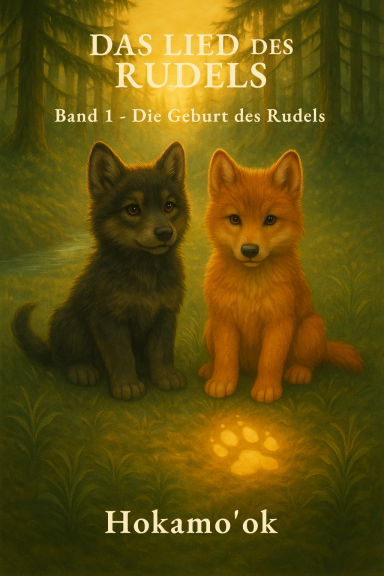 Das Lied des Rudels – Band 1 Die Geburt des Rudels Zwei junge Wölfe im goldenen Waldlicht – Symbol für Freundschaft, Mut, Familie und das Erwachen innerer Stärke.