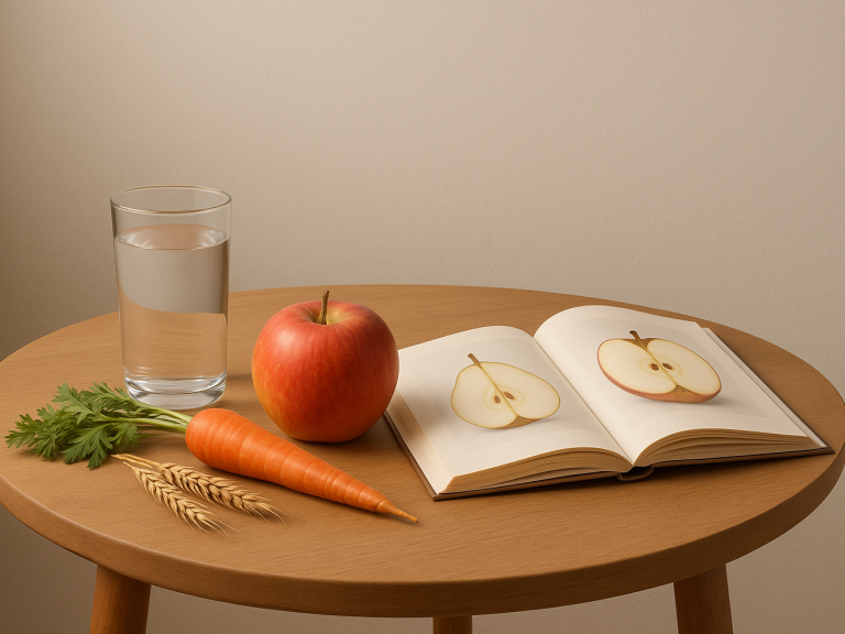 Offenes Pflanzenbuch mit gezeichneten Blüten neben einem grünen Zweig im Topf – Symbol für das Pflanzenalphabet von Hokamo’ok, Resonanz von 