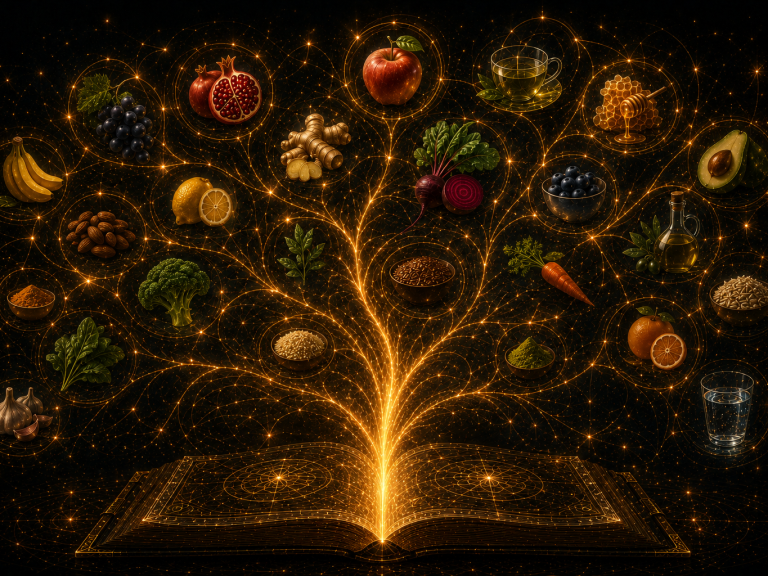 Offenes Pflanzenbuch mit gezeichneten Blüten neben einem grünen Zweig im Topf – Symbol für das Pflanzenalphabet von Hokamo’ok, Resonanz von 