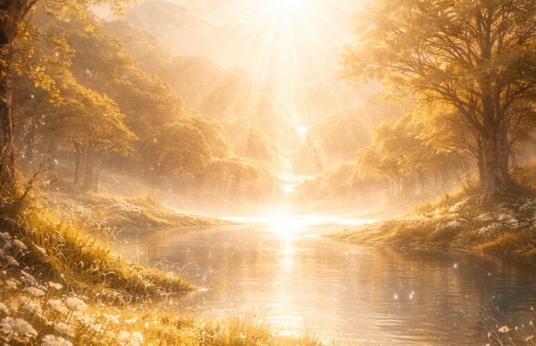 Mythischer Herrscher mit Stab, umgeben von Bergen und stürmischem Meer unter einem farbenfrohen Himmel.