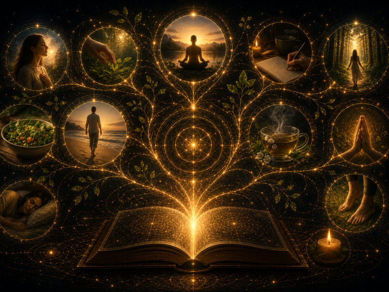 Hand mit geöffnetem Buch, Kerze und Teetasse im warmen Licht – Symbol für gelebte Resonanzpraxis, Achtsamkeit und Frequenz im Alltag.