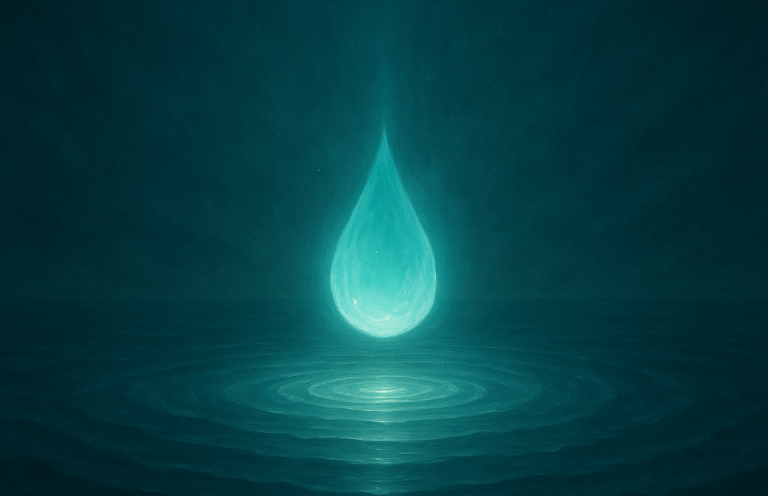 Eine glühende Wassertropfen-Silhouette über sanften Wellen in dunklem Hintergrund.